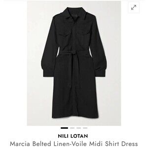 Nili Lotan Marcia Shirt dress Black Womens Utility Midi  Belted 100% Linen XS